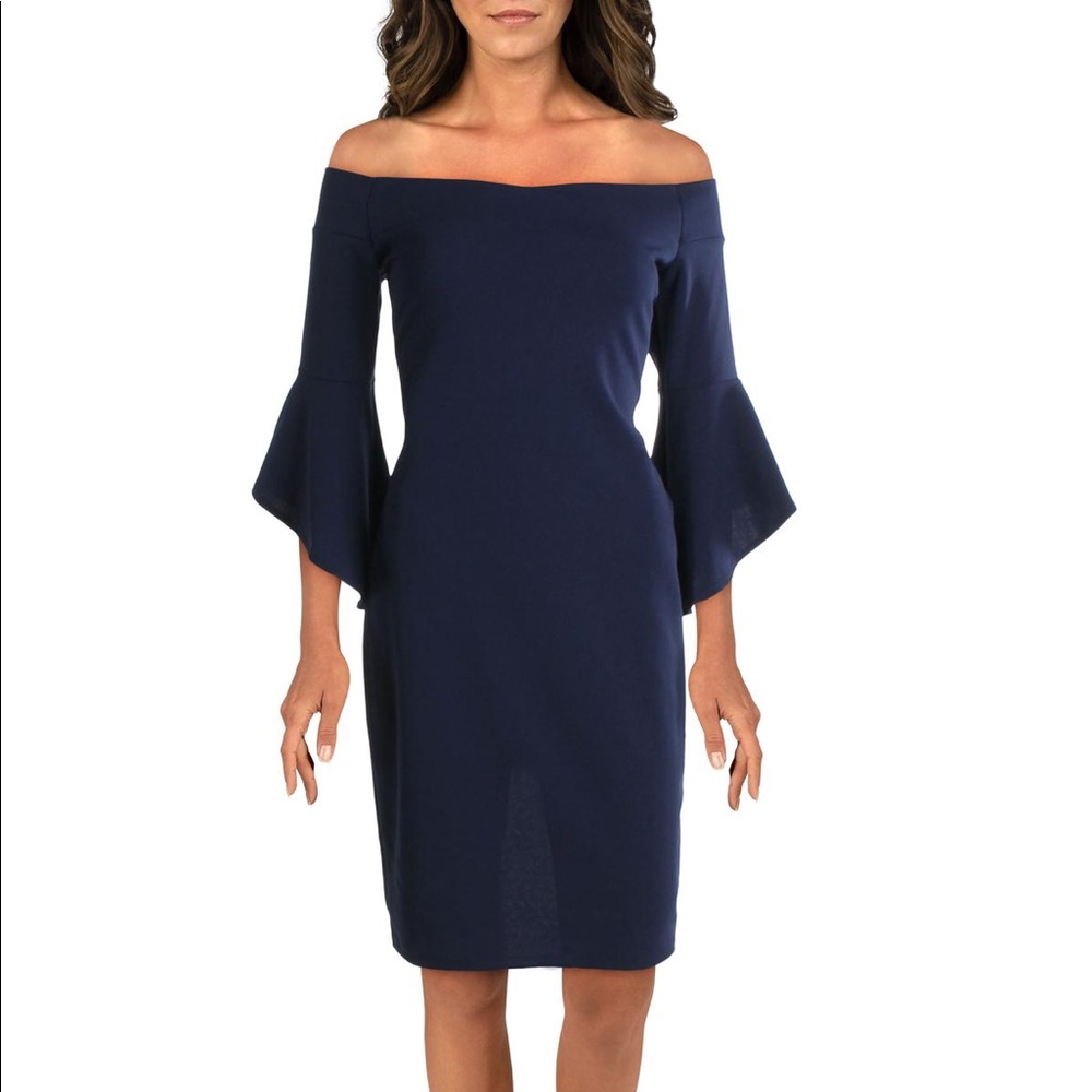 Bebe Off-Shoulder Party Sheath Dress with Flounce Sleeves - Navy - Size 6
